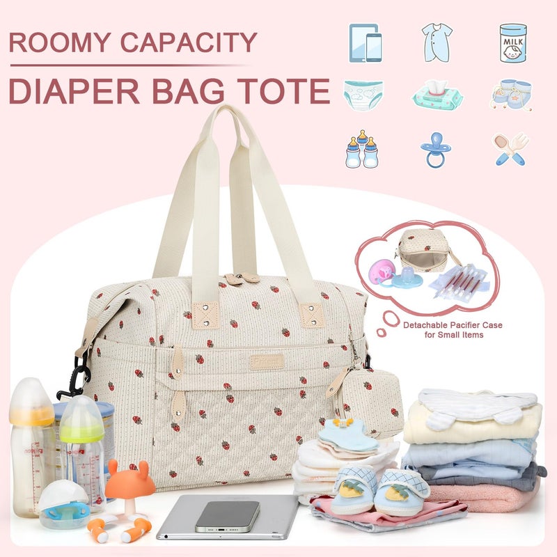 Pritent Diaper Bag Tote - Diaper Baby Bags with Pacifier Case, Shoulder Straps, Stroller Clips, Waterproof Large Mommy Maternity Travel Baby Bag for Mom and Dad, strawberry - Image 2