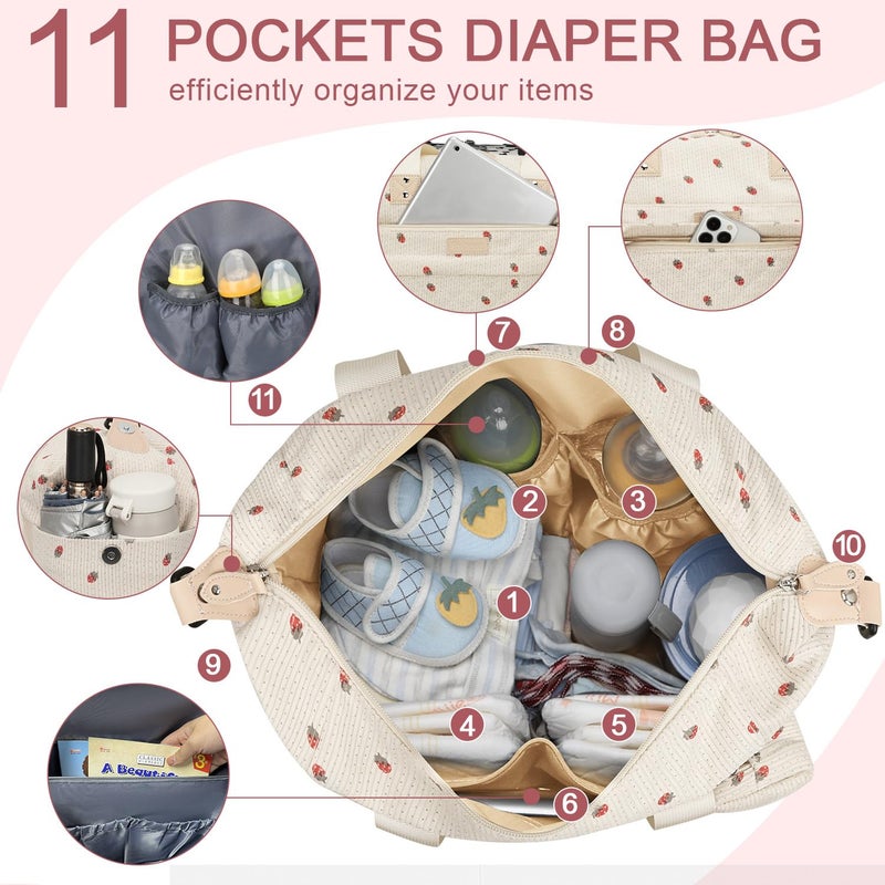 Pritent Diaper Bag Tote - Diaper Baby Bags with Pacifier Case, Shoulder Straps, Stroller Clips, Waterproof Large Mommy Maternity Travel Baby Bag for Mom and Dad, strawberry - Image 3