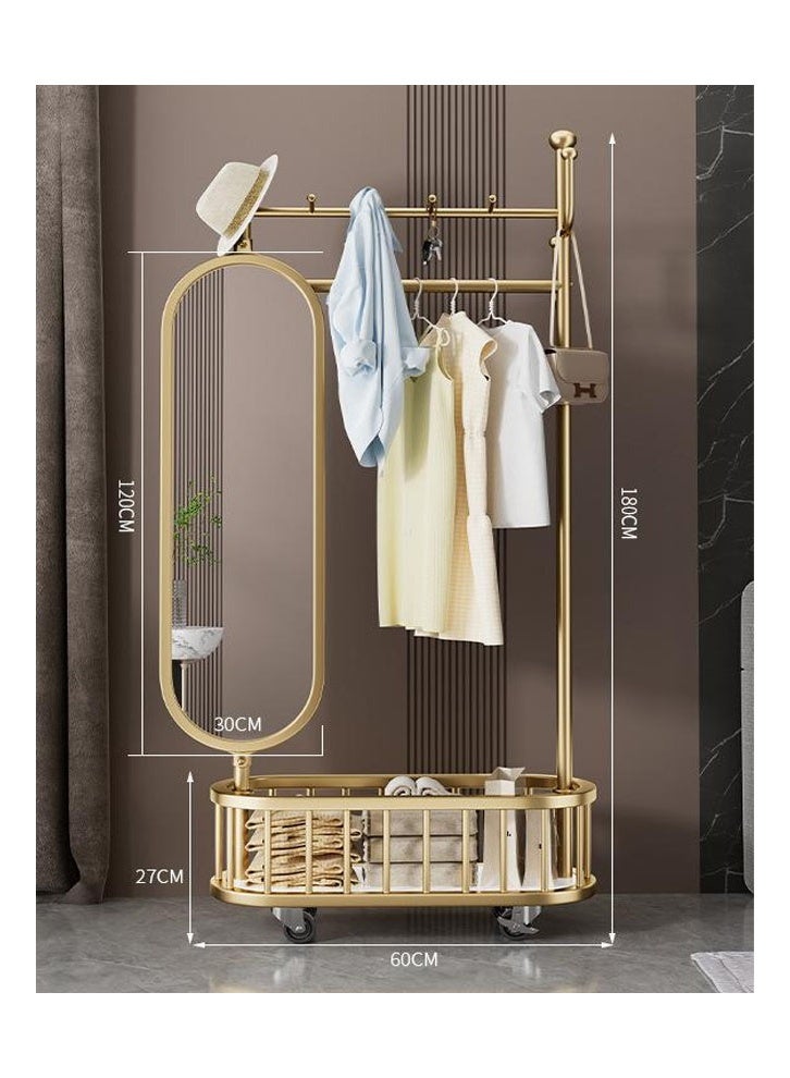keke Thickened Small Light Luxury Gold 60cm Coat Rack [Rotating Mirror, 4-Hook Storage Basket, Universal Wheels] - Image 2
