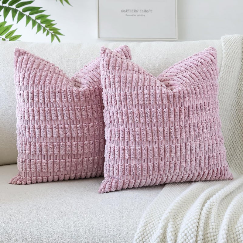 JOTOM Pack of 2 Corduroy Soft Striped Cushion Covers 40x40 cm 16x16 Inch Boho Decorative Throw Pillow Covers Square Cushion Case Home Decor Pillow Cases for Couch Sofa Living Room Bed (Taro Purple) - Image 1