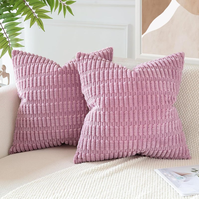 JOTOM Pack of 2 Corduroy Soft Striped Cushion Covers 40x40 cm 16x16 Inch Boho Decorative Throw Pillow Covers Square Cushion Case Home Decor Pillow Cases for Couch Sofa Living Room Bed (Taro Purple) - Image 3