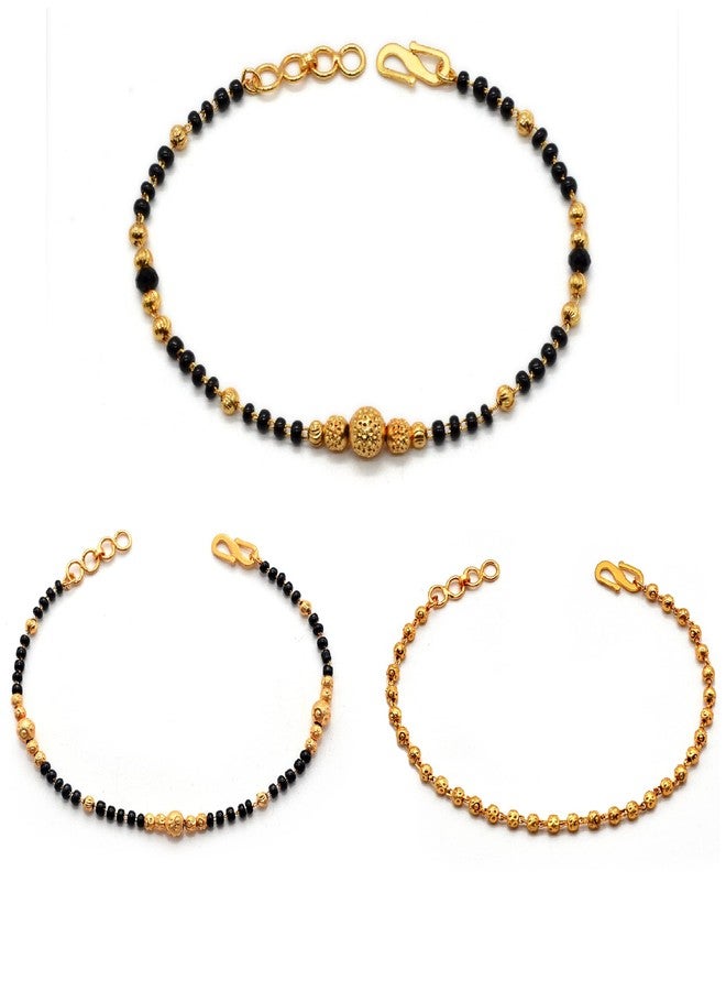 JHB Golden Gold-Plated Brass Bracelet 3 pis Combo for Women (Black Bead Hand Mangalsutra Bracelet) - Image 1