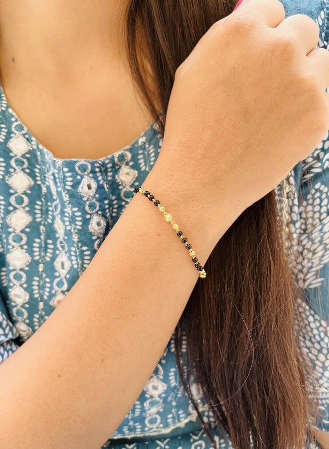 JHB Golden Gold-Plated Brass Bracelet 3 pis Combo for Women (Black Bead Hand Mangalsutra Bracelet) - Image 4