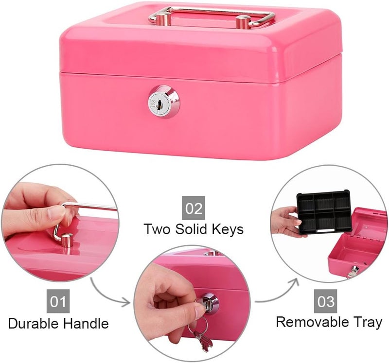 Decaller Small Cash Box with Key Lock, Portable Metal Money Box with Double Layer & 2 Keys for Security, Pink, 6" x 4 4/5" x 3 1/5", QH1506XS - Image 4