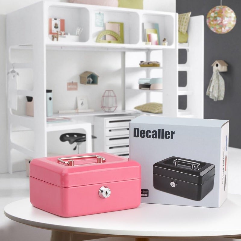 Decaller Small Cash Box with Key Lock, Portable Metal Money Box with Double Layer & 2 Keys for Security, Pink, 6" x 4 4/5" x 3 1/5", QH1506XS - Image 5
