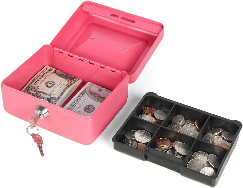 Decaller Small Cash Box with Key Lock, Portable Metal Money Box with Double Layer & 2 Keys for Security, Pink, 6" x 4 4/5" x 3 1/5", QH1506XS - Image 2