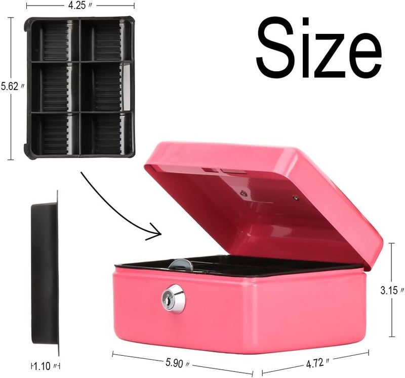 Decaller Small Cash Box with Key Lock, Portable Metal Money Box with Double Layer & 2 Keys for Security, Pink, 6" x 4 4/5" x 3 1/5", QH1506XS - Image 3