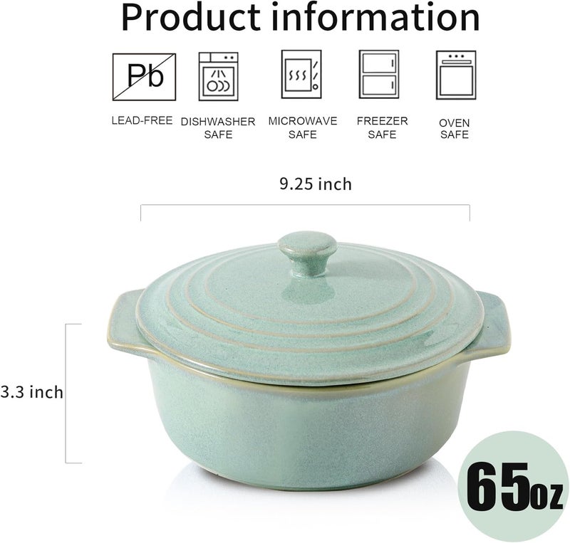 HVH Ceramic Casserole Dish with Lid Oven Safe 2 Quart Round Casseroles Dish Set 9 Inches Round Baking Dish with Lid Oven Safe Deep Casserole Dishes for Oven with Lids for Dinner Party Turquoise - Image 4