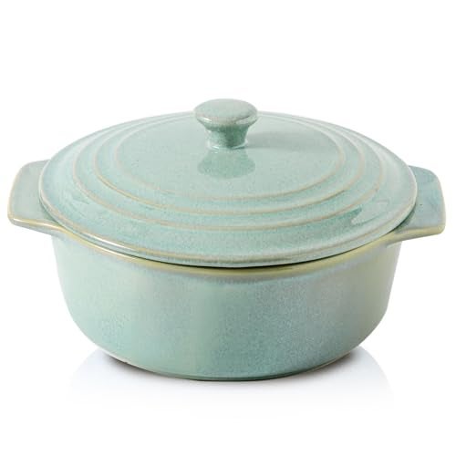 HVH Ceramic Casserole Dish with Lid Oven Safe 2 Quart Round Casseroles Dish Set 9 Inches Round Baking Dish with Lid Oven Safe Deep Casserole Dishes for Oven with Lids for Dinner Party Turquoise - Image 1