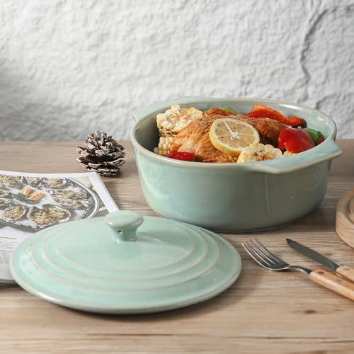 HVH Ceramic Casserole Dish with Lid Oven Safe 2 Quart Round Casseroles Dish Set 9 Inches Round Baking Dish with Lid Oven Safe Deep Casserole Dishes for Oven with Lids for Dinner Party Turquoise - Image 3