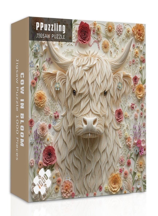 PPuzzling Highland Cow Puzzles for Adults 1000 Pieces, Colorful Floral Paper Art Jigsaw Puzzle, Nature Flower Garden Animal Puzzle - Image 1