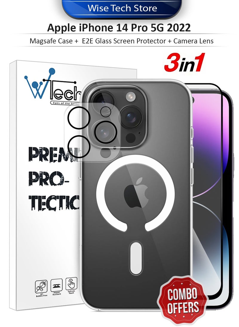 دبليو تيك حزمة حماية 3 في 1 لهاتف آيفون 14 برو 5G 2022 من آبل، غطاء شفاف فائق ضد الصدمات مع دعم MagSafe، واقي شاشة زجاجي E2E وحماية عدسة الكاميرا، حماية 360، تركيب سهل - شفاف/أسود - Image 1