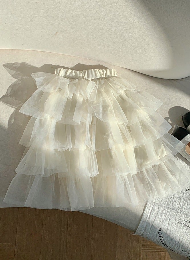 Loquat Girls Solid Color Tutu Skirts Kids Fashion 5-Layer Ruffle Tulle Fluffy Elastic Waist Gauze Skirt Cream White  - Image 1