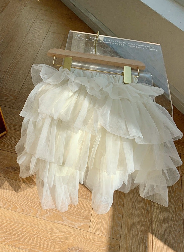 Loquat Girls Solid Color Tutu Skirts Kids Fashion 5-Layer Ruffle Tulle Fluffy Elastic Waist Gauze Skirt Cream White  - Image 2