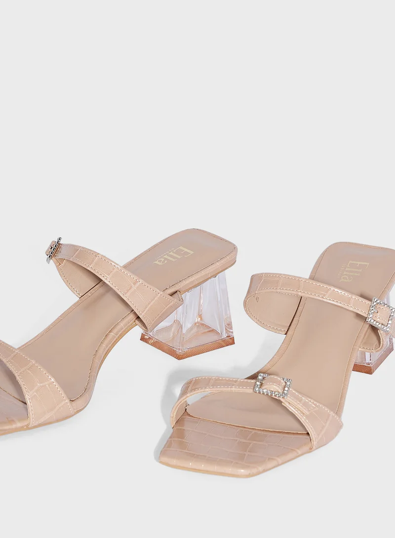 ايلا Buckled Double Strap Croc  Clear Block Heel Sandal