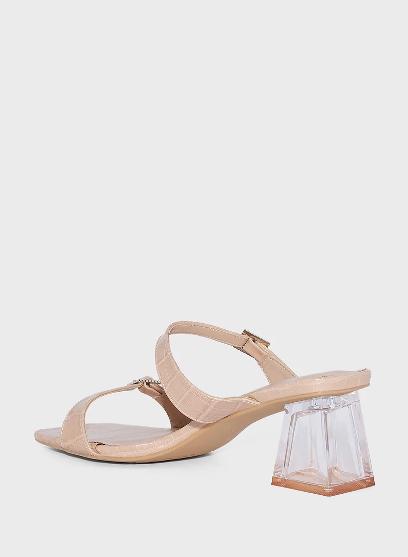 ايلا Buckled Double Strap Croc  Clear Block Heel Sandal