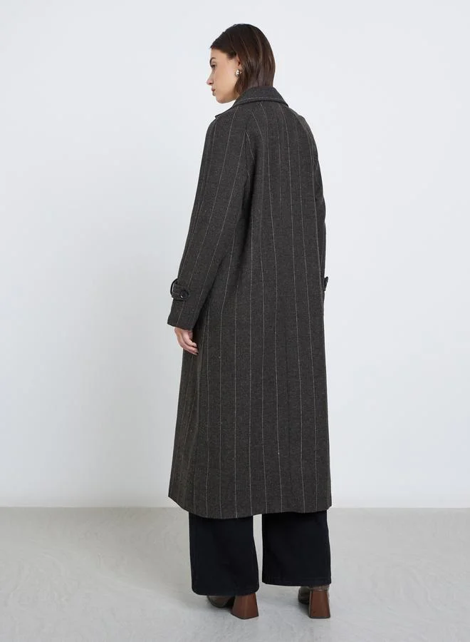 Styli  Styli Pinstripe Regular Fit Buttoned Midi Coat for Women | Best Price UAE