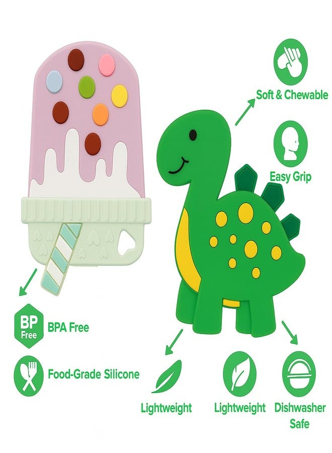 DTR Creation Silicone Baby Teether Combo (Ice Cream + Dinosaur) | BPA-Free, Food-Grade Silicone Teething Toys for Babies (0–3 Years) | Soft, Chewable, Safe & Washable | Easy-Grip Design - Image 2