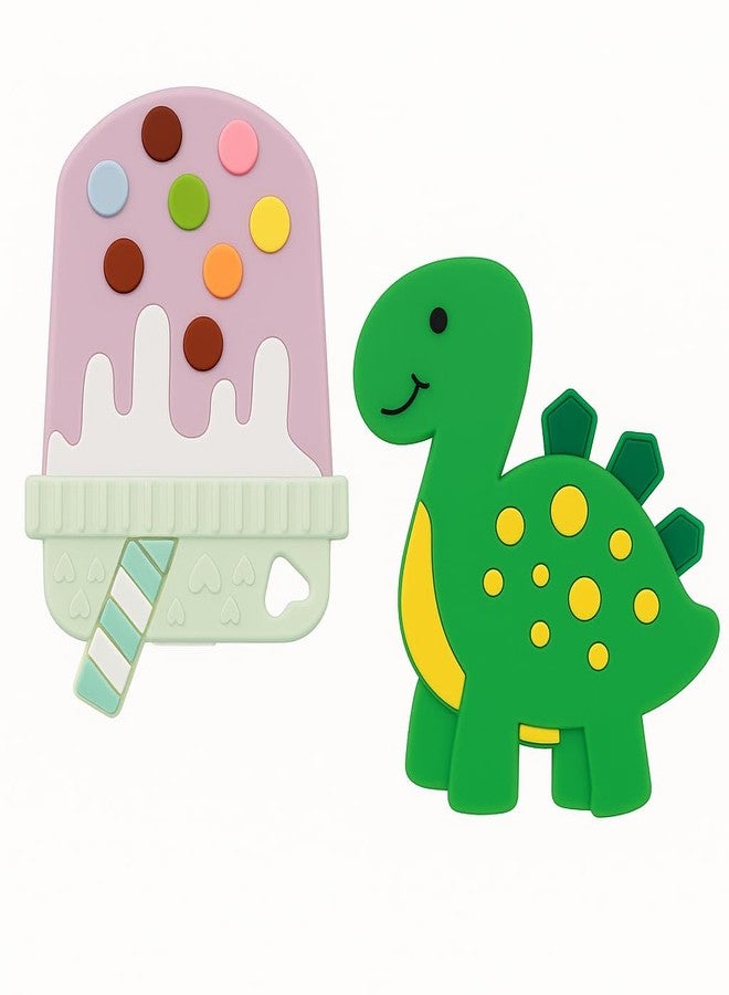 DTR Creation Silicone Baby Teether Combo (Ice Cream + Dinosaur) | BPA-Free, Food-Grade Silicone Teething Toys for Babies (0–3 Years) | Soft, Chewable, Safe & Washable | Easy-Grip Design - Image 1