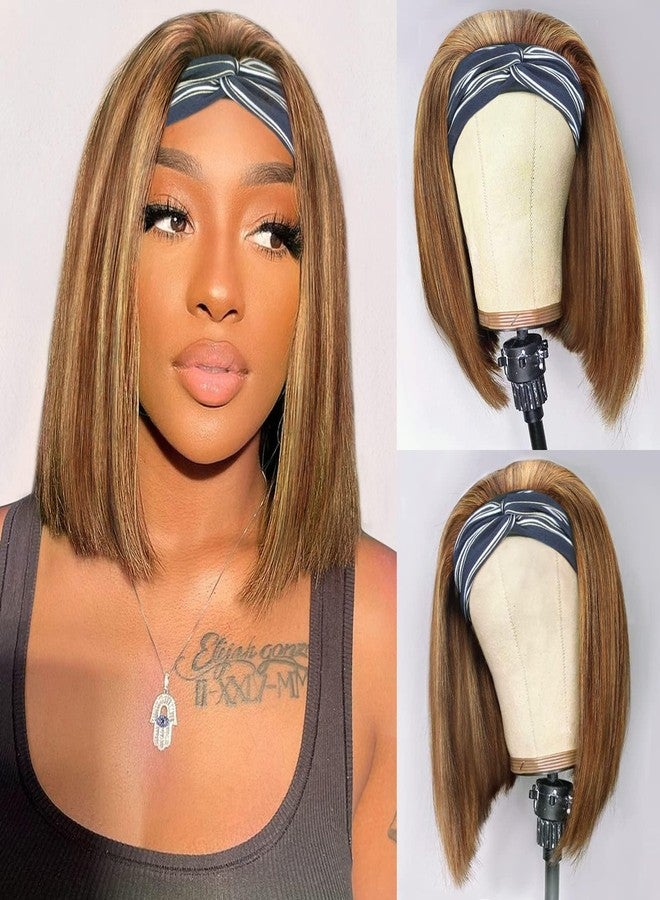 AISI Highlight Bob Headband Wig - Short Straight Bob,150% Density Brazilian Human Hair Ombre Brown Honey Blonde Glueless（10Inch） - Image 1