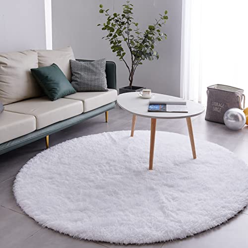 FJZFING White Round Rug Ultra-Soft Plush Modern 5x5 Circle Area Rug for Kid's Bedroom, Fluffy Shag Circular Rug for Nursery Room, Non-Slip Home Decor Cute White Carpet for Teen's Room - Image 2