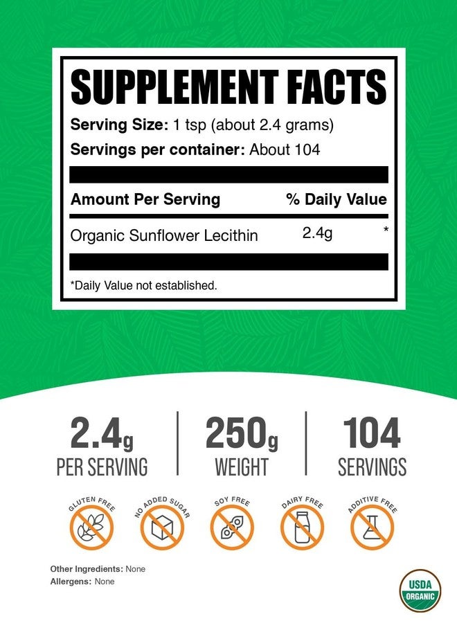 BulkSupplements.com Organic Sunflower Lecithin Powder - Sunflower Lecithin Supplement, Nutritional Supplement, Food Grade - Vegan & Gluten Free, 2.4g per Serving, 250g (8.8 oz) (Pack of 1) - Image 2