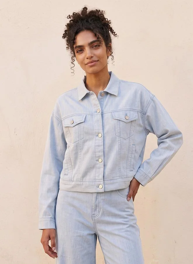 Lee Cooper BLUE Lee Cooper Linen Blend Trucker Jacket with Chest Pocket for Women | Best Price UAE