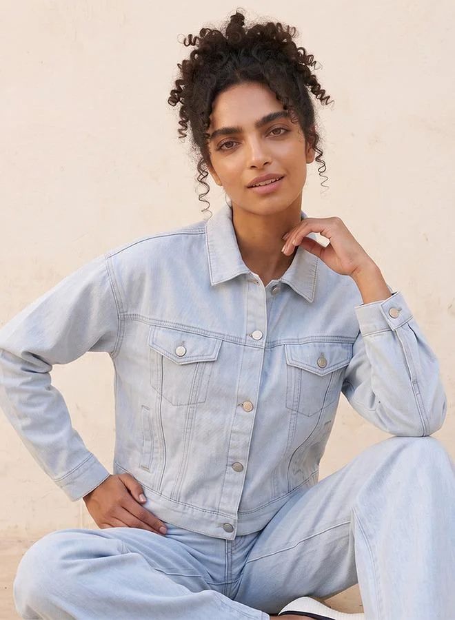 Lee Cooper BLUE Lee Cooper Linen Blend Trucker Jacket with Chest Pocket for Women | Best Price UAE