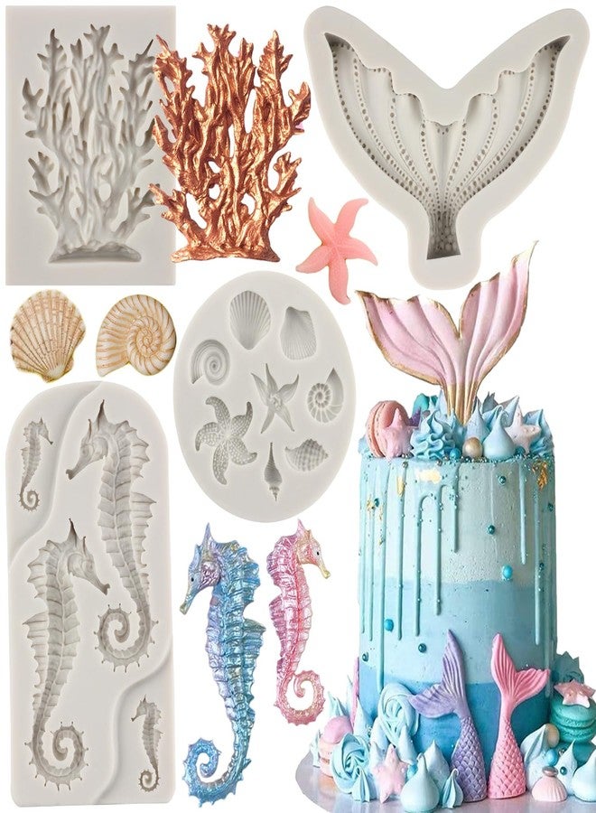 Sijiangmold Mermaid Theme Fondant Molds Mermaid Tail Silicone Mold Seahorse Seashell Starfish Sea Coral Mold For Cupcake Topper Cake Decorating Candy Chocolate Polymer Clay Gum Paste Set of 4 - Image 1