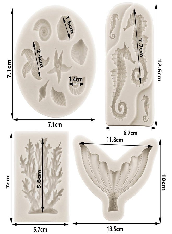 Sijiangmold Mermaid Theme Fondant Molds Mermaid Tail Silicone Mold Seahorse Seashell Starfish Sea Coral Mold For Cupcake Topper Cake Decorating Candy Chocolate Polymer Clay Gum Paste Set of 4 - Image 2