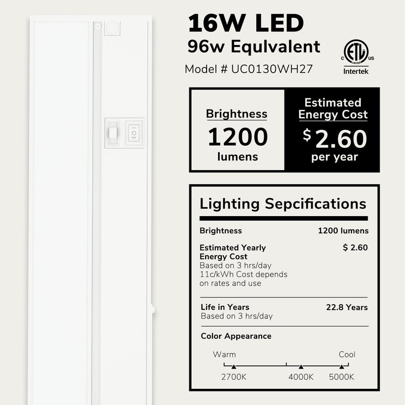 LAGOM Halo Under Cabinet Light, 30â€‘Inch Hardwired Dimmable LED, 2700K/4000K/5000K, Power Cord Sold Separately, White, UC0130WH27 - Image 2