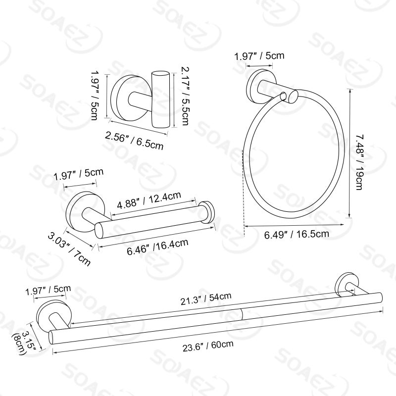 soaez 10-Piece Towel Bar Set Matte Black Bathroom Hardware Accessories Set Round Towel Ring Towel Rack Set Stainless Steel Wall Mount 23.6 in - Image 5