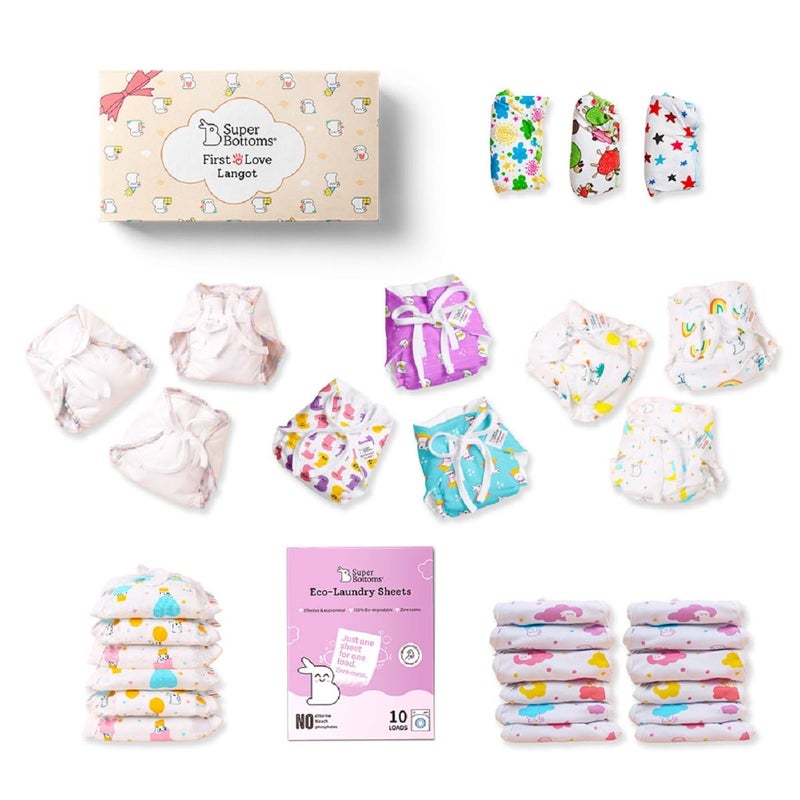 Superbottoms First Love Mega Gift Box | Softest, Breathable & Gentlest langots for your baby | Baby shower gift pack | No Mess Langots for Newborns between 0 to 9 months | Pack of 31 (Size: Small) - Image 1