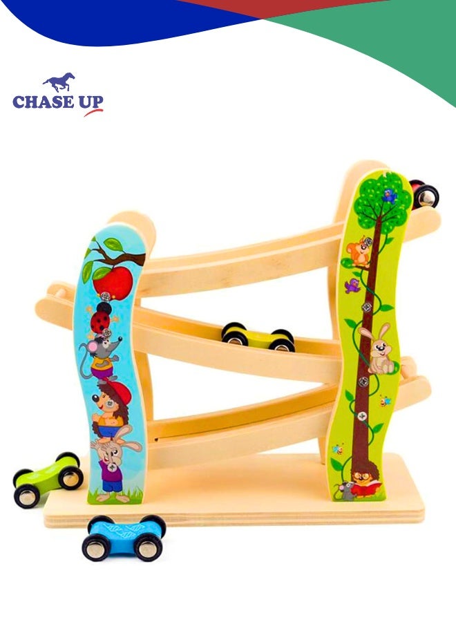 Chase Up Toddler Toys for 1 2 Year Old Boy and Girl Gifts Wooden Race Track Car Ramp Racer with 4 Mini Car - Toddler Race Car Ramp Toy Set is A Great Gift for Boys and Girls - Image 1