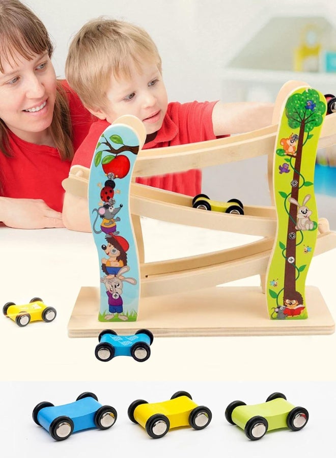 Chase Up Toddler Toys for 1 2 Year Old Boy and Girl Gifts Wooden Race Track Car Ramp Racer with 4 Mini Car - Toddler Race Car Ramp Toy Set is A Great Gift for Boys and Girls - Image 4