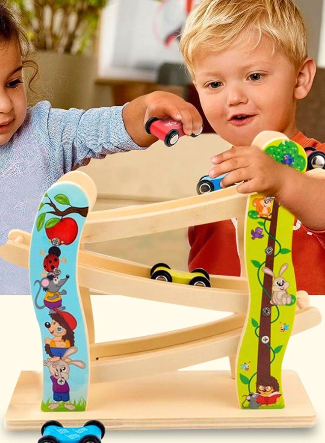 Chase Up Toddler Toys for 1 2 Year Old Boy and Girl Gifts Wooden Race Track Car Ramp Racer with 4 Mini Car - Toddler Race Car Ramp Toy Set is A Great Gift for Boys and Girls - Image 2