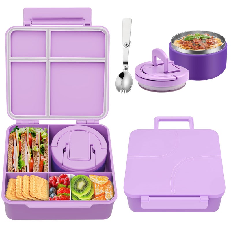 Bento Lunch Box for Kids with 8oz Soup ThermoKids Leakproof Lunch Food Containers with 4 CompartmentKid Insulated Thermo Hot Food Jar for SchoolTrvaelPurple
