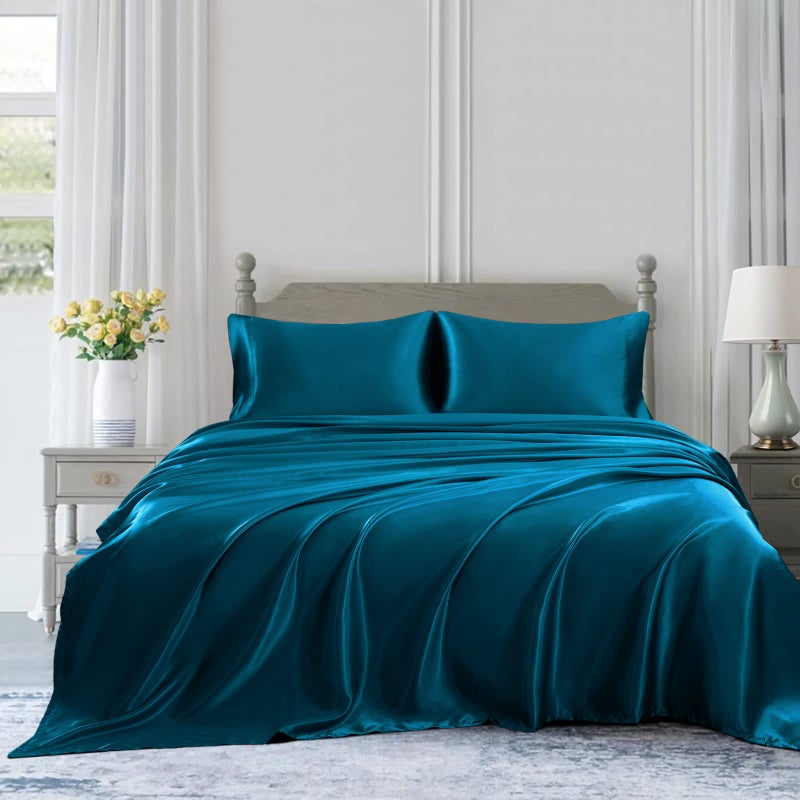 Homiest 4pcs Satin Sheets Set Luxury Silky Satin Bedding Set with Deep Pocket  1 Fitted Sheet + 1 Flat Sheet + 2 Pillowcases (King Size  Dark Teal) - Image 3