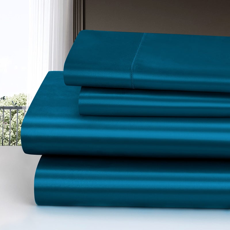 Homiest 4pcs Satin Sheets Set Luxury Silky Satin Bedding Set with Deep Pocket  1 Fitted Sheet + 1 Flat Sheet + 2 Pillowcases (King Size  Dark Teal) - Image 2