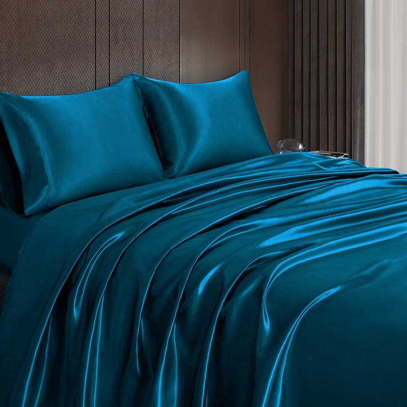 Homiest 4pcs Satin Sheets Set Luxury Silky Satin Bedding Set with Deep Pocket  1 Fitted Sheet + 1 Flat Sheet + 2 Pillowcases (King Size  Dark Teal) - Image 4