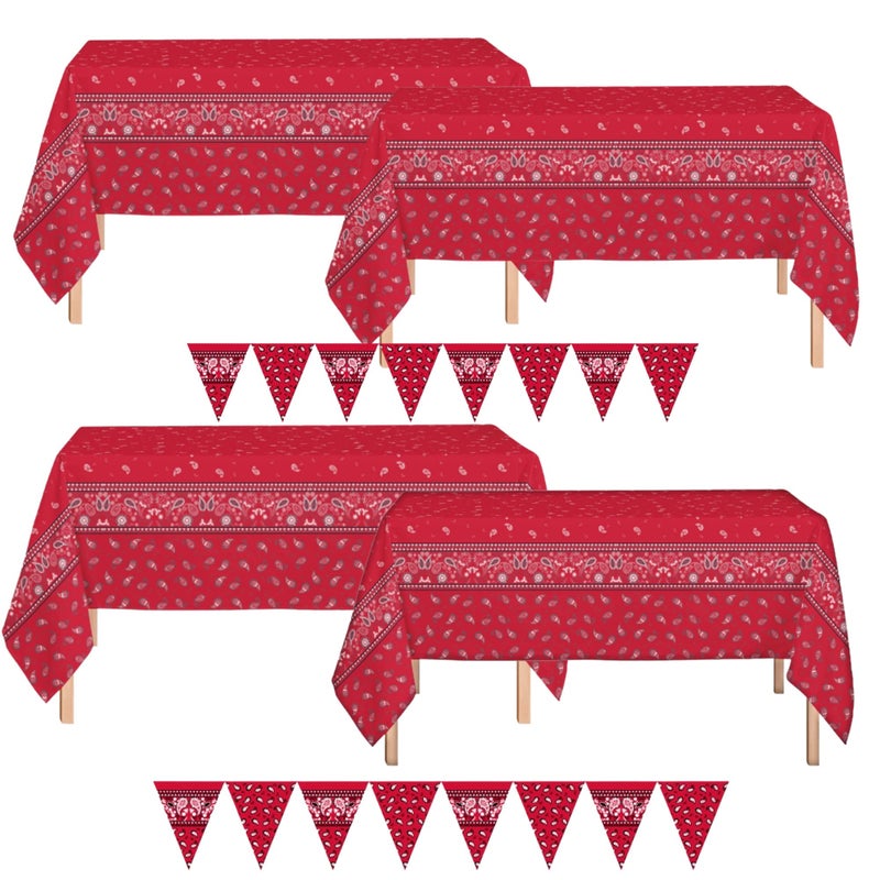 أوجامي 4 عبوات غطاء طاولة بلاستيكي بموضوع الغرب مع منديل طاولة 54 × 108 يتضمن 2 راية حمراء