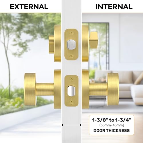 naubea Gold Door Knob with Deadbolt Lock, Satin Brass Front Door Handle with Deadbolt Lock Set, Round Deadbolt and Exterior Door Knob with Key - Image 4
