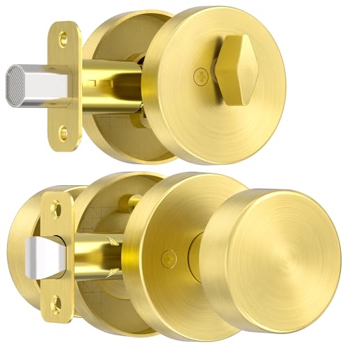 naubea Gold Door Knob with Deadbolt Lock, Satin Brass Front Door Handle with Deadbolt Lock Set, Round Deadbolt and Exterior Door Knob with Key - Image 2