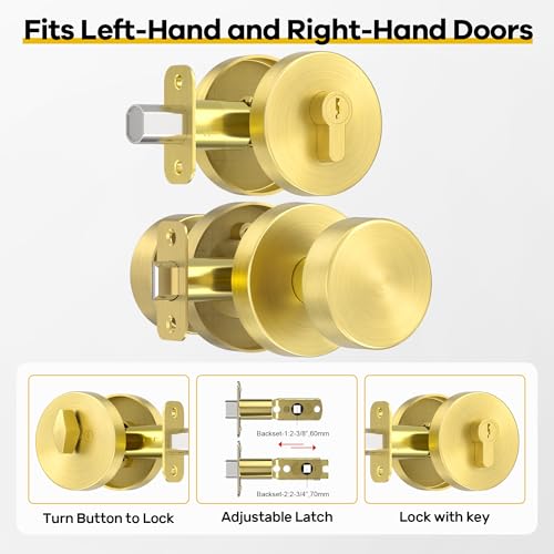 naubea Gold Door Knob with Deadbolt Lock, Satin Brass Front Door Handle with Deadbolt Lock Set, Round Deadbolt and Exterior Door Knob with Key - Image 3