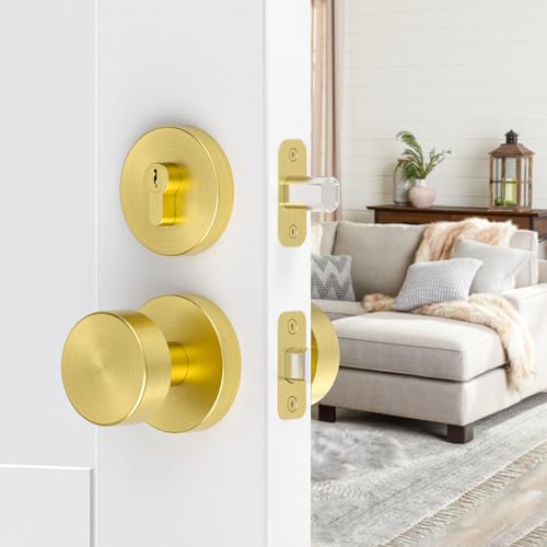 naubea Gold Door Knob with Deadbolt Lock, Satin Brass Front Door Handle with Deadbolt Lock Set, Round Deadbolt and Exterior Door Knob with Key - Image 5