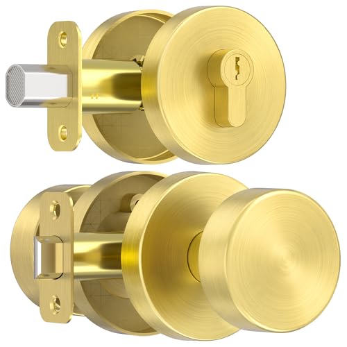naubea Gold Door Knob with Deadbolt Lock, Satin Brass Front Door Handle with Deadbolt Lock Set, Round Deadbolt and Exterior Door Knob with Key - Image 1