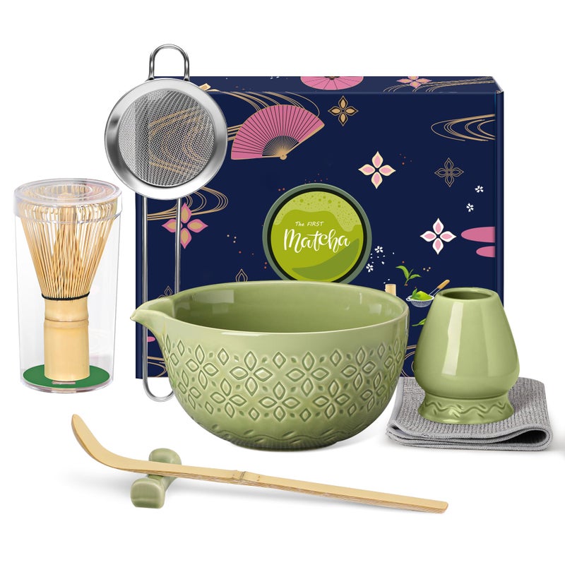 Beiyunee Matcha Whisk Set Matcha Kit - 7 Pcs Japanese Tea Set Includes Matcha Bowl with Spout,Bamboo Whisk with Ceramic Holder,Bamboo Scoop and Rest,Sifter,Tea Towel, for Ceremony Matcha Lovers Gift,Green - Image 1