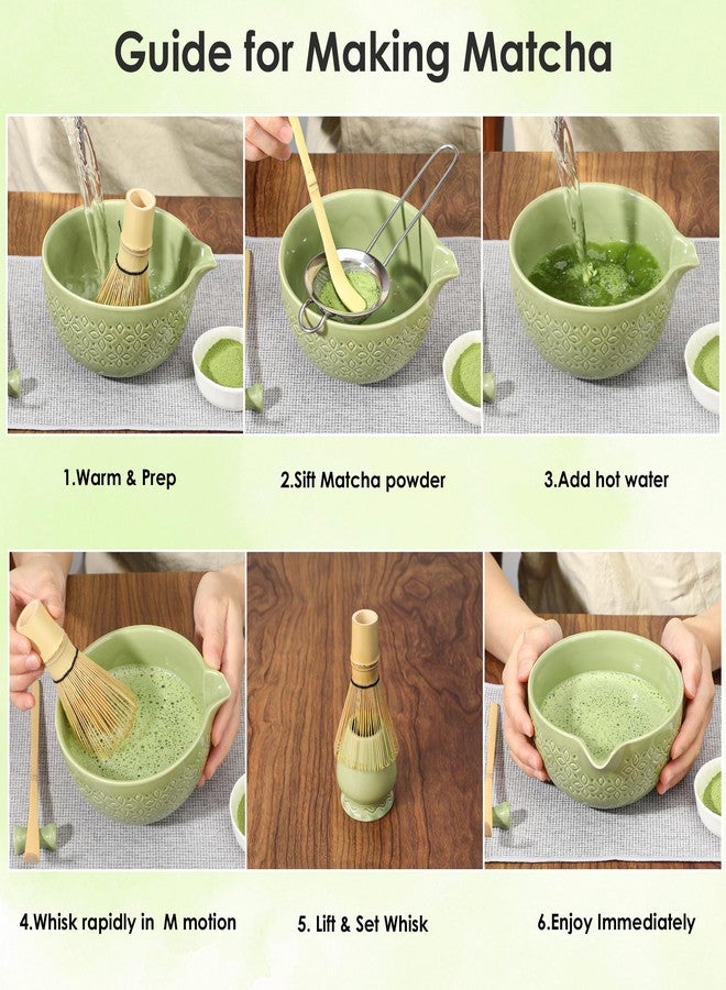 Beiyunee Matcha Whisk Set Matcha Kit - 7 Pcs Japanese Tea Set Includes Matcha Bowl with Spout,Bamboo Whisk with Ceramic Holder,Bamboo Scoop and Rest,Sifter,Tea Towel, for Ceremony Matcha Lovers Gift,Green - Image 5