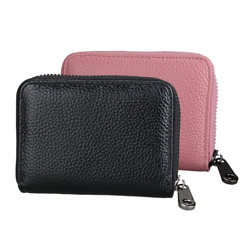 TRKETK 2 Pieces Credit Card Holder, Leather Credit Card Wallets with Zip 11 Credit Card Slots RFID Blocking Wallet for Men and Women (Black + Pink) - Image 1
