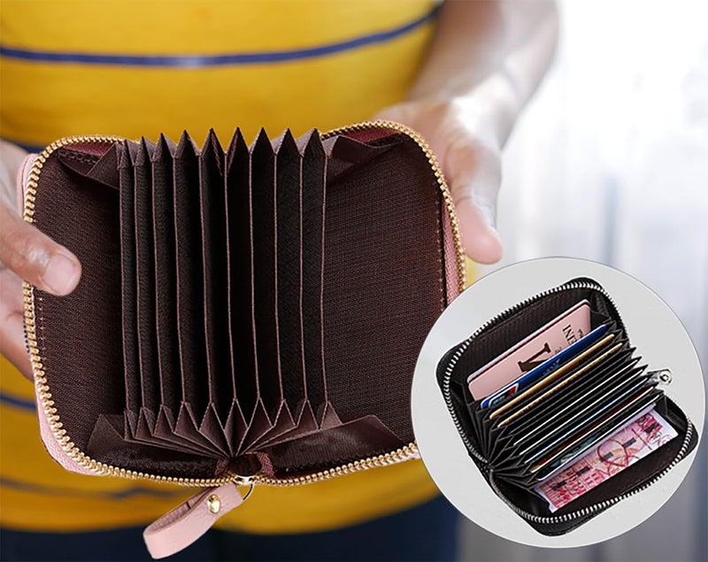 TRKETK 2 Pieces Credit Card Holder, Leather Credit Card Wallets with Zip 11 Credit Card Slots RFID Blocking Wallet for Men and Women (Black + Pink) - Image 3